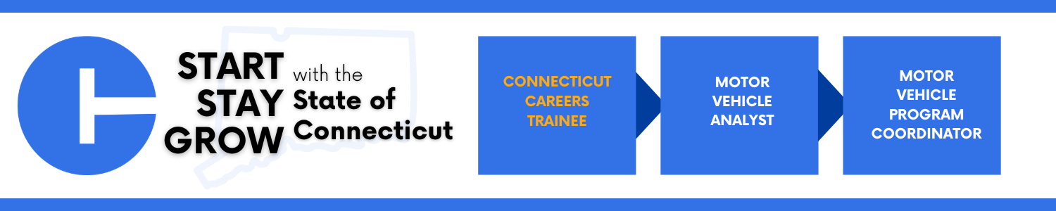 Circular blue icon on the left followed by the text Start, Stay, Grow with the State of Connecticut, and a horizontal progression of blue boxes showing career steps: Connecticut Careers Trainee, Motor Vehicle Analyst, Motor Vehicle Program Coordinator.